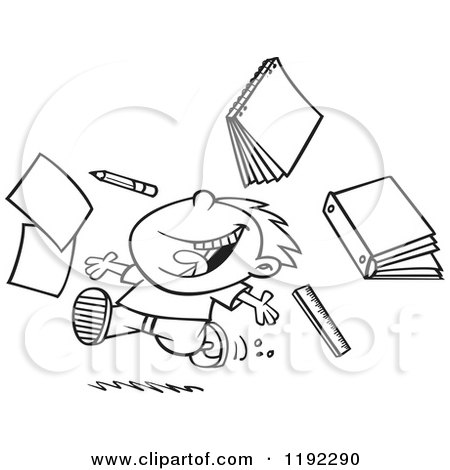 Cartoon Black and White Line Art of a Happy Boy Throwing Supplies on the Last Day of School - Royalty Free Vector Clipart by toonaday