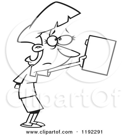 Cartoon Black and White Line Art of a Nervous Businesswoman Submitting a File - Royalty Free Vector Clipart by toonaday