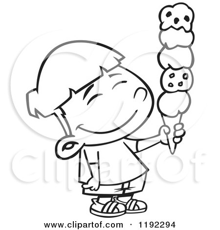 Cartoon Black and White Line Art of a Happy Asian Boy Holding a 5 Scoop Waffle Ice Cream Cone - Royalty Free Vector Clipart by toonaday