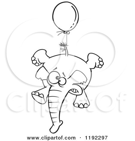Cartoon Black and White Line Art of a Scared Elephant Floating with a Blue Balloon - Royalty Free Vector Clipart by toonaday