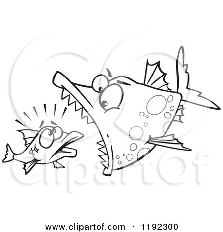 Cartoon Black and White Line Art of a Doomed Fish About to Be Eaten by a Big Fish - Royalty Free Vector Clipart by toonaday