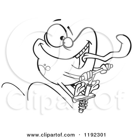 Cartoon Black and White Line Art of a Happy Frog Sticking His Tongue out and Jumping on a Pogo Stick - Royalty Free Vector Clipart by toonaday