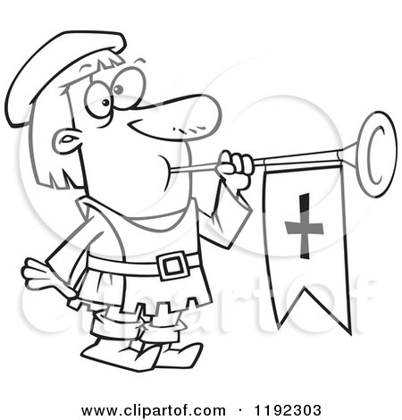 Cartoon Black and White Line Art of a Herald Blowing a Horn - Royalty Free Vector Clipart by toonaday