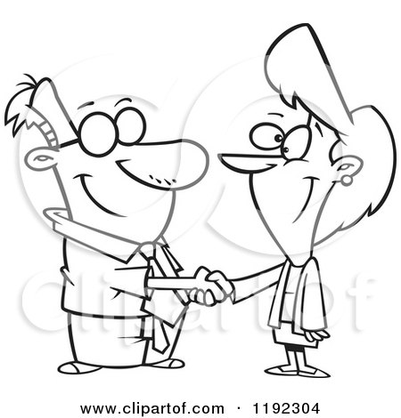 Cartoon Black and White Line Art of a Business Man and Woman Shaking Hands - Royalty Free Vector Clipart by toonaday