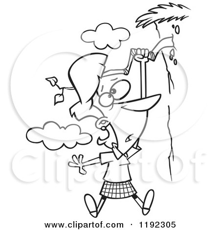 Cartoon Black and White Line Art of a Woman Hanging out on a Limb of a Cliff - Royalty Free Vector Clipart by toonaday