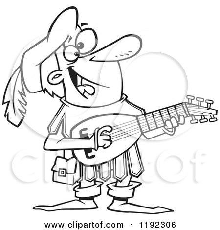 Cartoon Black and White Line Art of a Happy Minstrel Playing an Instrument - Royalty Free Vector Clipart by toonaday