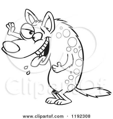 Cartoon Black and White Line Art of a Laughing Hyena Slobbering and Holding up a Paw - Royalty Free Vector Clipart by toonaday