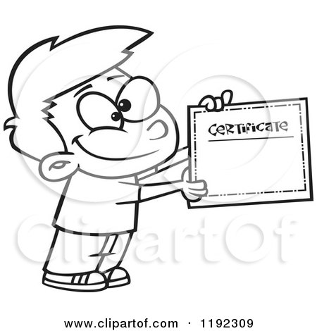 Cartoon Black and White Line Art of a Proud School Boy Holding a Certificate of Achievement - Royalty Free Vector Clipart by toonaday