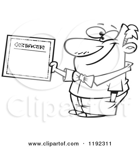 Cartoon Black and White Line Art of a Proud Man Holding a Certificate of Achievement - Royalty Free Vector Clipart by toonaday