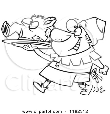 Cartoon Black and White Line Art of a Cheerful Castle Cook Chef Carrying a Pig Head on a Platter - Royalty Free Vector Clipart by toonaday