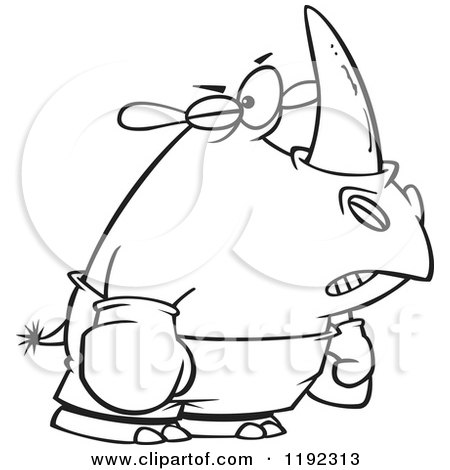 Cartoon Black and White Line Art of a Boxer Rhino with a Black Eye - Royalty Free Vector Clipart by toonaday
