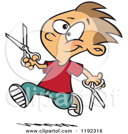 Cartoon of a Happy Boy Dangerously Running with Scissors - Royalty Free Vector Clipart by toonaday