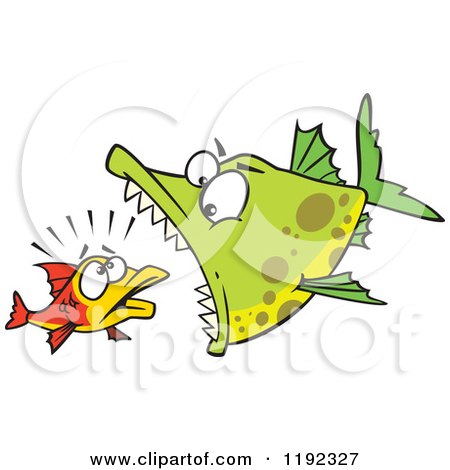 Cartoon of a Doomed Fish About to Be Eaten by a Big Fish - Royalty Free Vector Clipart by toonaday