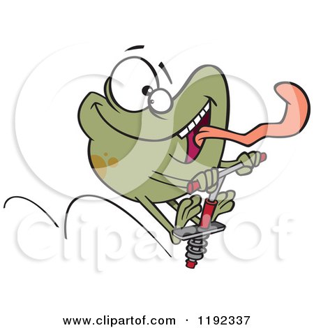 Cartoon of a Happy Frog Sticking His Tongue out and Jumping on a Pogo Stick - Royalty Free Vector Clipart by toonaday