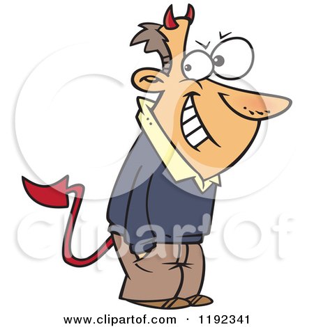 Cartoon of a Grinning Con Man with Devil Horns and a Tail - Royalty Free Vector Clipart by toonaday