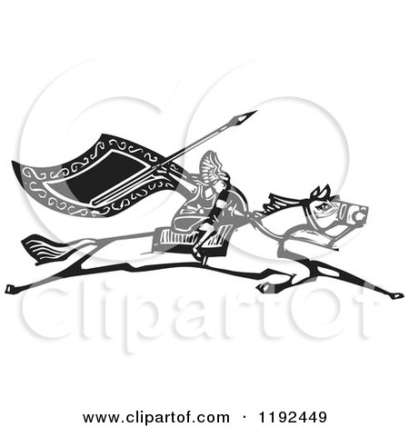 Clipart of a Valkyrie Warrior with a Flag and Spear on a Running Horse Black and White Woodcut - Royalty Free Vector Illustration by xunantunich