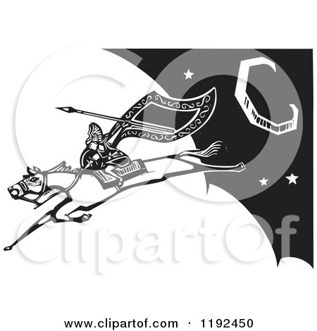 Clipart of a Valkyrie Warrior with a Flag and Spear on a Leaping Horse in the Night Sky Black and White Woodcut - Royalty Free Vector Illustration by xunantunich