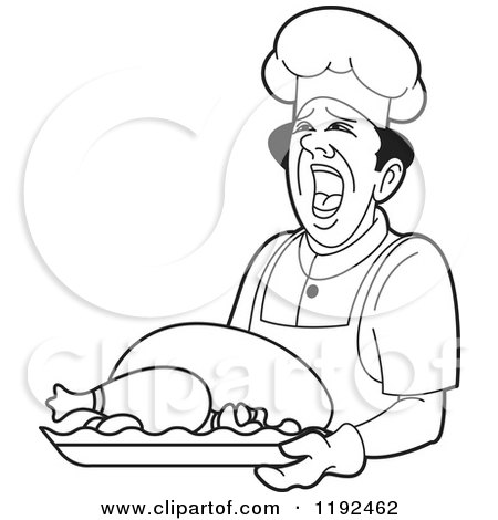 Clipart of a Black and White Shouting Male Chef Holding a Roasted Turkey - Royalty Free Vector Illustration by Lal Perera