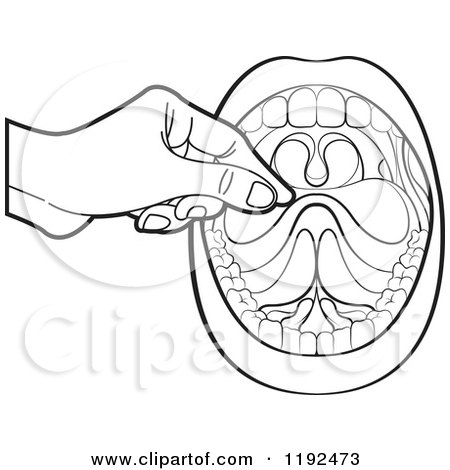 Clipart of a Black and White Hand over an Open Mouth - Royalty Free Vector Illustration by Lal Perera