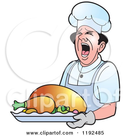 Clipart of a Shouting Male Chef Holding a Roasted Turkey - Royalty Free Vector Illustration by Lal Perera