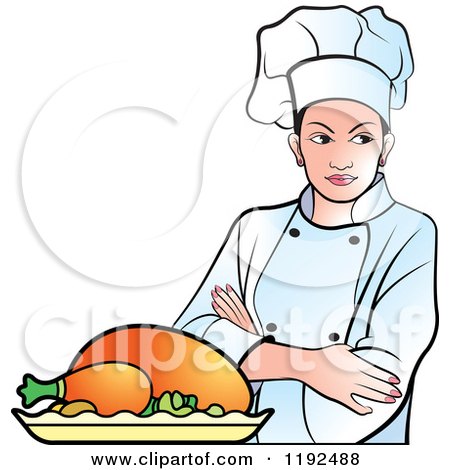 Clipart of a Female Chef with Folded Arms and a Hat by a Roasted Turkey - Royalty Free Vector Illustration by Lal Perera