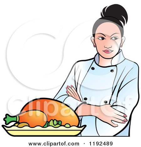 Clipart of a Female Chef with Folded Arms by a Roasted Turkey - Royalty Free Vector Illustration by Lal Perera