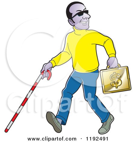 Clipart of a Happy Black Blind Man with a Cane and Gold Case - Royalty Free Vector Illustration by Lal Perera