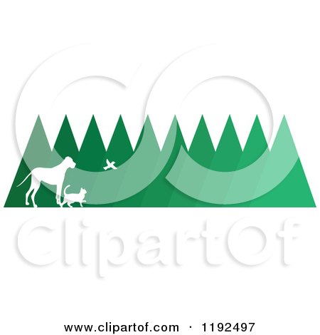 Cartoon of a Silhouetted Bird Cat and Dog over Trees - Royalty Free Vector Clipart by Maria Bell