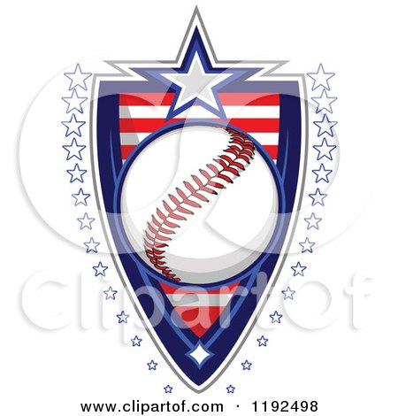 Clipart of a Patriotic Baseball over an American Sripes Shield with a Border of Stars - Royalty Free Vector Illustration by Chromaco