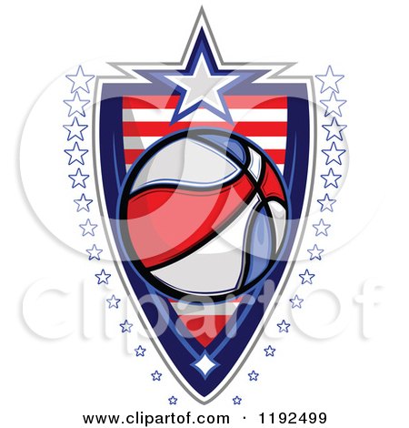 Clipart of a Patriotic Basketball over an American Sripes Shield with a Border of Stars - Royalty Free Vector Illustration by Chromaco