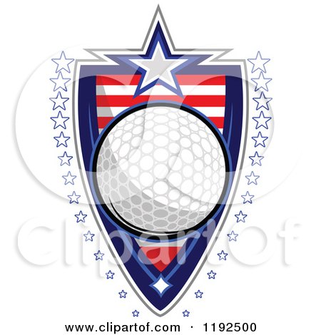 Clipart of a Patriotic Golf Ball over an American Sripes Shield with a Border of Stars - Royalty Free Vector Illustration by Chromaco
