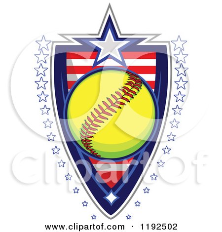 Clipart of a Patriotic Softball over an American Sripes Shield with a Border of Stars - Royalty Free Vector Illustration by Chromaco