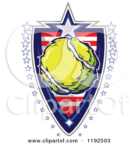 Clipart of a Patriotic Tennis Ball over an American Sripes Shield with a Border of Stars - Royalty Free Vector Illustration by Chromaco