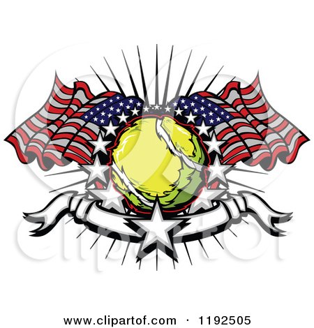 Clipart of a Patriotic Tennis Ball with American Flags a Burst Stars and a Banner - Royalty Free Vector Illustration by Chromaco