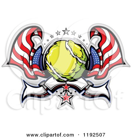 Clipart of a Patriotic Tennis Ball with Two American Flags Stars and a Banner - Royalty Free Vector Illustration by Chromaco