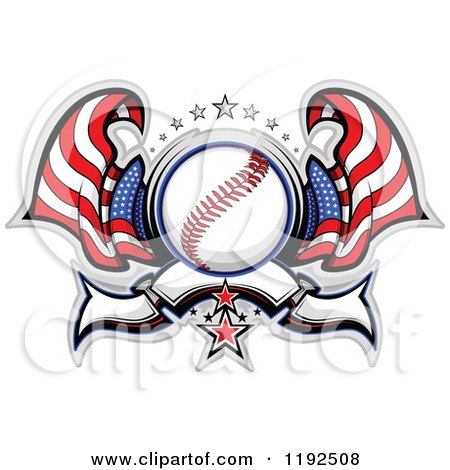 Clipart of a Patriotic Baseball with Two American Flags Stars and a Banner - Royalty Free Vector Illustration by Chromaco