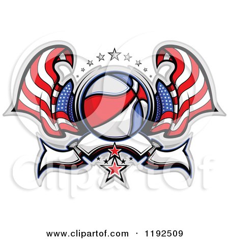 Clipart of a Patriotic Basketball with Two American Flags Stars and a Banner - Royalty Free Vector Illustration by Chromaco