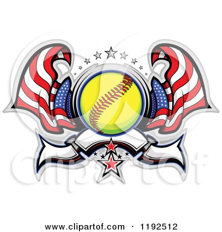 Clipart of a Patriotic Softball with Two American Flags Stars and a Banner - Royalty Free Vector Illustration by Chromaco