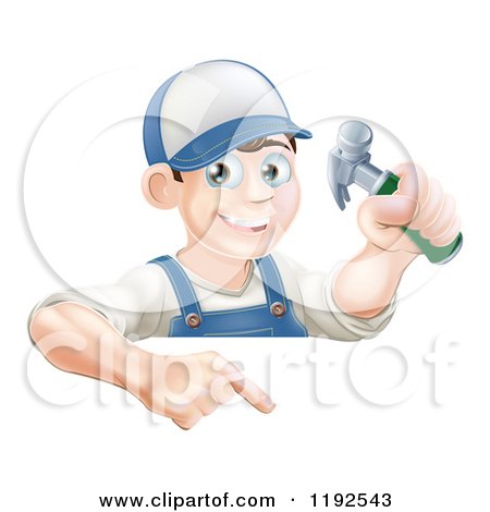 Cartoon of a Happy Carpenter Man Holding a Hammer and Pointing down at a Sign - Royalty Free Vector Clipart by AtStockIllustration
