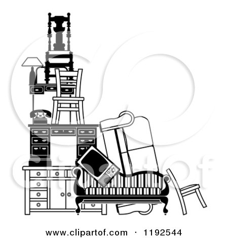 Clipart of a Pile of Black and White Furniture and Items - Royalty Free Vector Illustration by AtStockIllustration