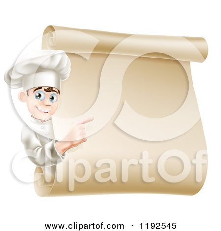 Cartoon of a Happy Young Male Chef Pointing to a Scroll Menu Sign - Royalty Free Vector Clipart by AtStockIllustration