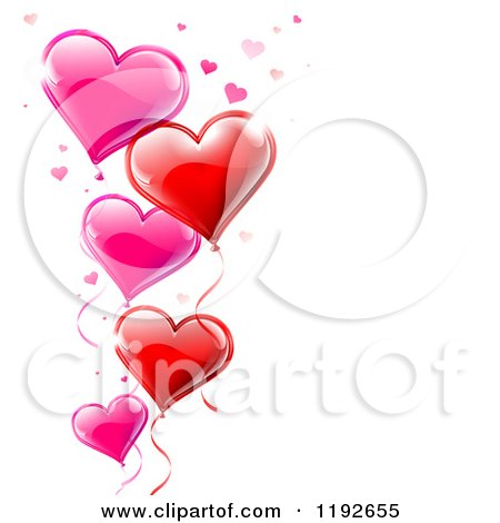 Clipart of a Pink and Red Valentines Day Heart Balloons and Confetti over White Copyspace - Royalty Free Vector Illustration by TA Images