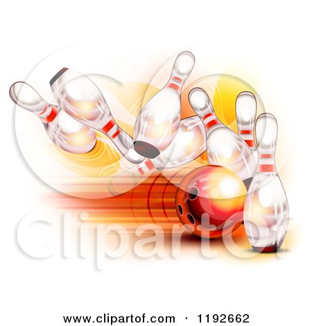 Clipart of a Fast Red Bowling Ball Smashing into Pins - Royalty Free Vector Illustration by Oligo