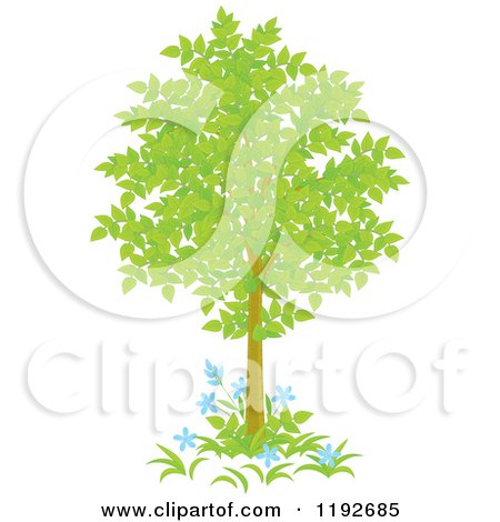 Cartoon of a Tree with Green Leaves and Blue Flowers - Royalty Free Vector Clipart by Alex Bannykh