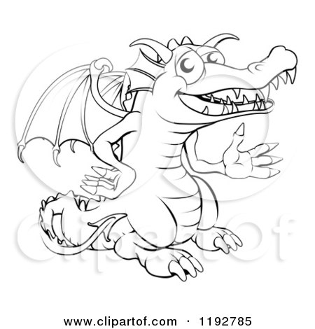 Cartoon of an Outlined Happy Dragon Presenting - Royalty Free Vector Clipart by AtStockIllustration
