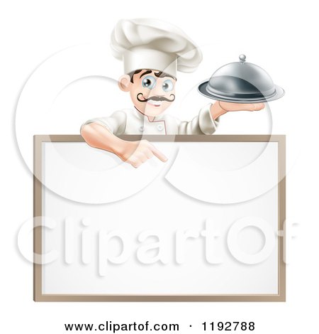 Cartoon of a Happy Male Chef Holding a Platter and Pointing down at a White Board - Royalty Free Vector Clipart by AtStockIllustration