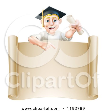 Cartoon of a Happy Blond Graduate Man Holding a Degree and Pointing down at a Parchment Scroll - Royalty Free Vector Clipart by AtStockIllustration