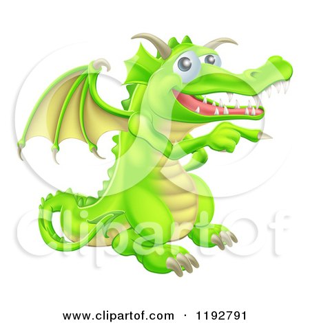 Cartoon of a Happy Green Dragon Pointing - Royalty Free Vector Clipart by AtStockIllustration