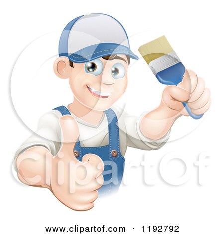 Cartoon of a Happy Male House Painter Holding a Brush and a Thumb up - Royalty Free Vector Clipart by AtStockIllustration