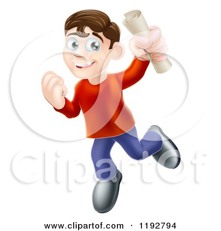 Cartoon of a Happy Young Brunette Man Jumping with a Scroll in Hand - Royalty Free Vector Clipart by AtStockIllustration